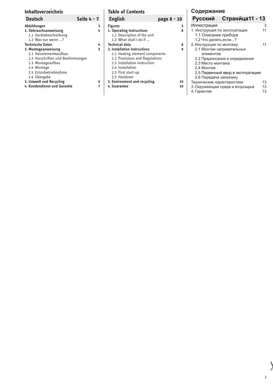 Inhaltsverzeichnis deutsch seite 4 - 7, Table of contents english page 8 - 10, Coдepжaние pyccкий cтpaнйцa11 - 13 | STIEBEL ELTRON FTM S twin с 06.04.2009 User Manual | Page 2 / 16