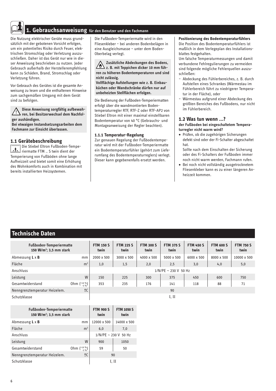 Gebrauchsanweisung, Technische daten, 1 gerätebeschreibung | 2 was tun wenn | STIEBEL ELTRON FTM S twin с 06.04.2009 User Manual | Page 6 / 16