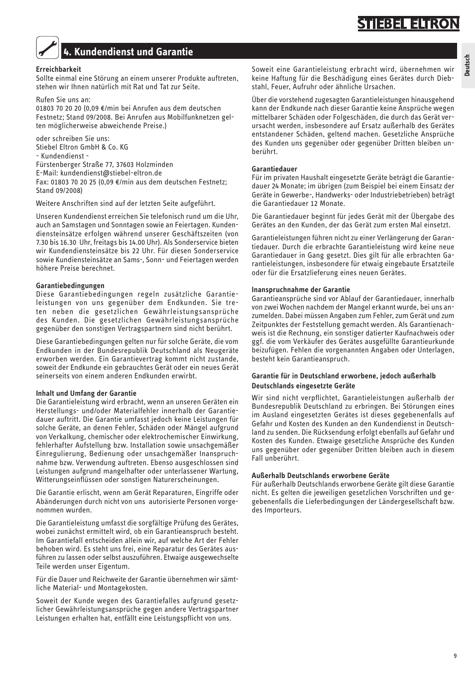 Kundendienst und garantie | STIEBEL ELTRON FTM S twin с 06.04.2009 User Manual | Page 9 / 16