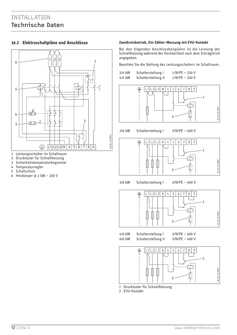 Installation technische daten, 2 elektroschaltpläne und anschlüsse | STIEBEL ELTRON SHW ... S с 06.05.2013 User Manual | Page 12 / 84