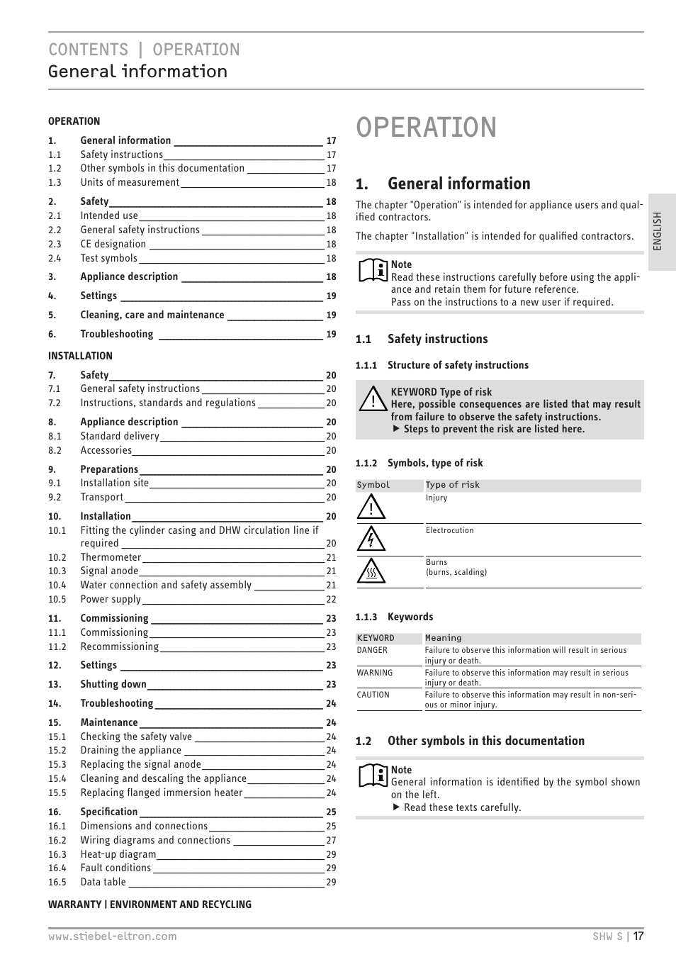 Operation, Contents | operation general information, General information | STIEBEL ELTRON SHW ... S с 06.05.2013 User Manual | Page 17 / 84