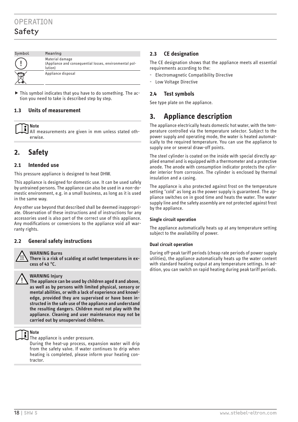 Operation safety, Safety, Appliance description | STIEBEL ELTRON SHW ... S с 06.05.2013 User Manual | Page 18 / 84