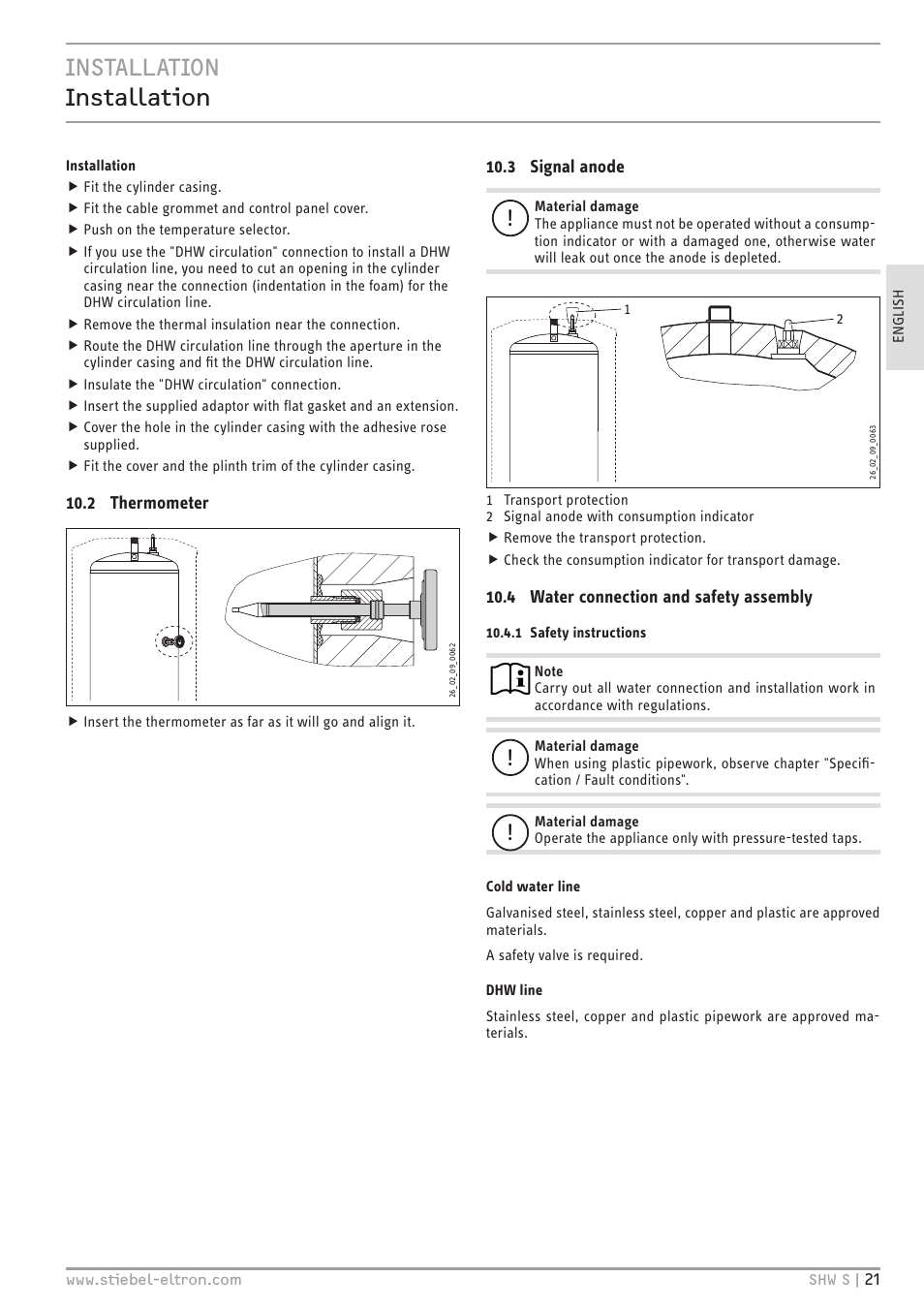 Installation installation | STIEBEL ELTRON SHW ... S с 06.05.2013 User Manual | Page 21 / 84