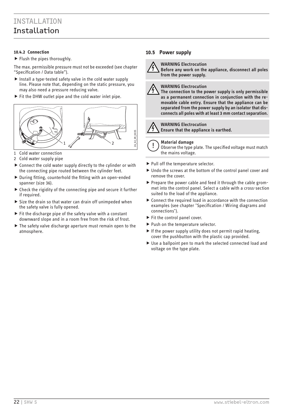 Installation installation | STIEBEL ELTRON SHW ... S с 06.05.2013 User Manual | Page 22 / 84