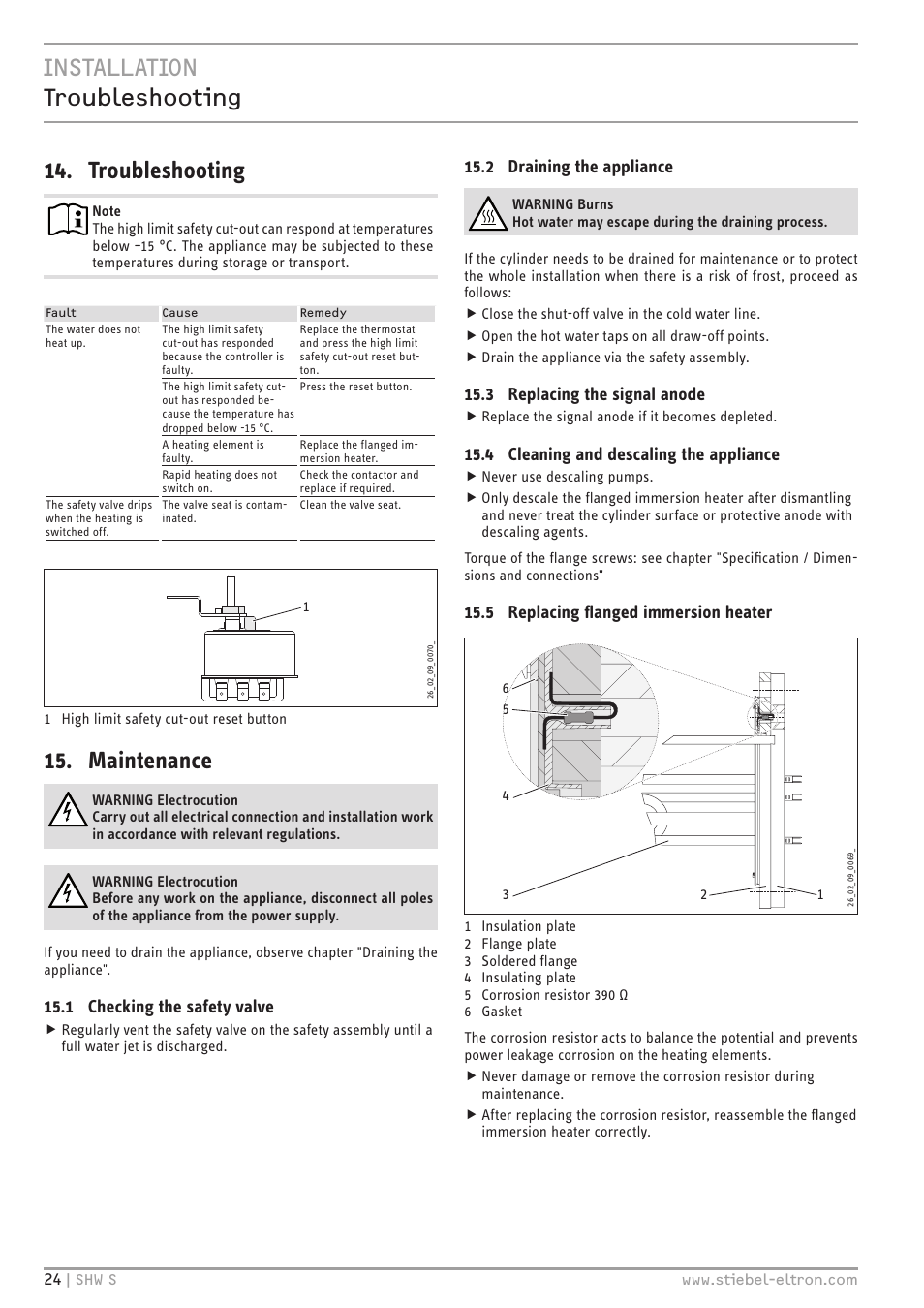 Installation troubleshooting 14. troubleshooting, Maintenance, 1 checking the safety valve | 2 draining the appliance, 3 replacing the signal anode, 4 cleaning and descaling the appliance, 5 replacing flanged immersion heater | STIEBEL ELTRON SHW ... S с 06.05.2013 User Manual | Page 24 / 84