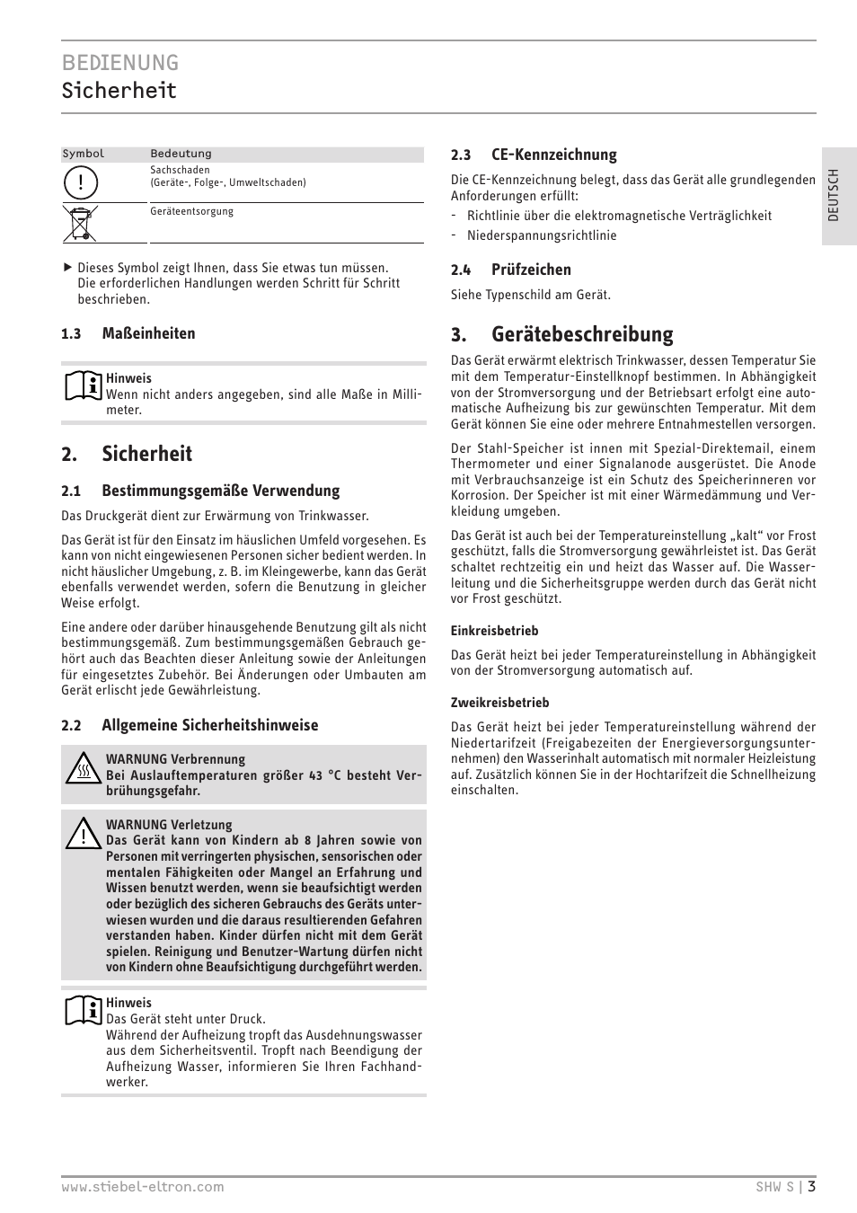 Bedienung sicherheit, Sicherheit, Gerätebeschreibung | STIEBEL ELTRON SHW ... S с 06.05.2013 User Manual | Page 3 / 84