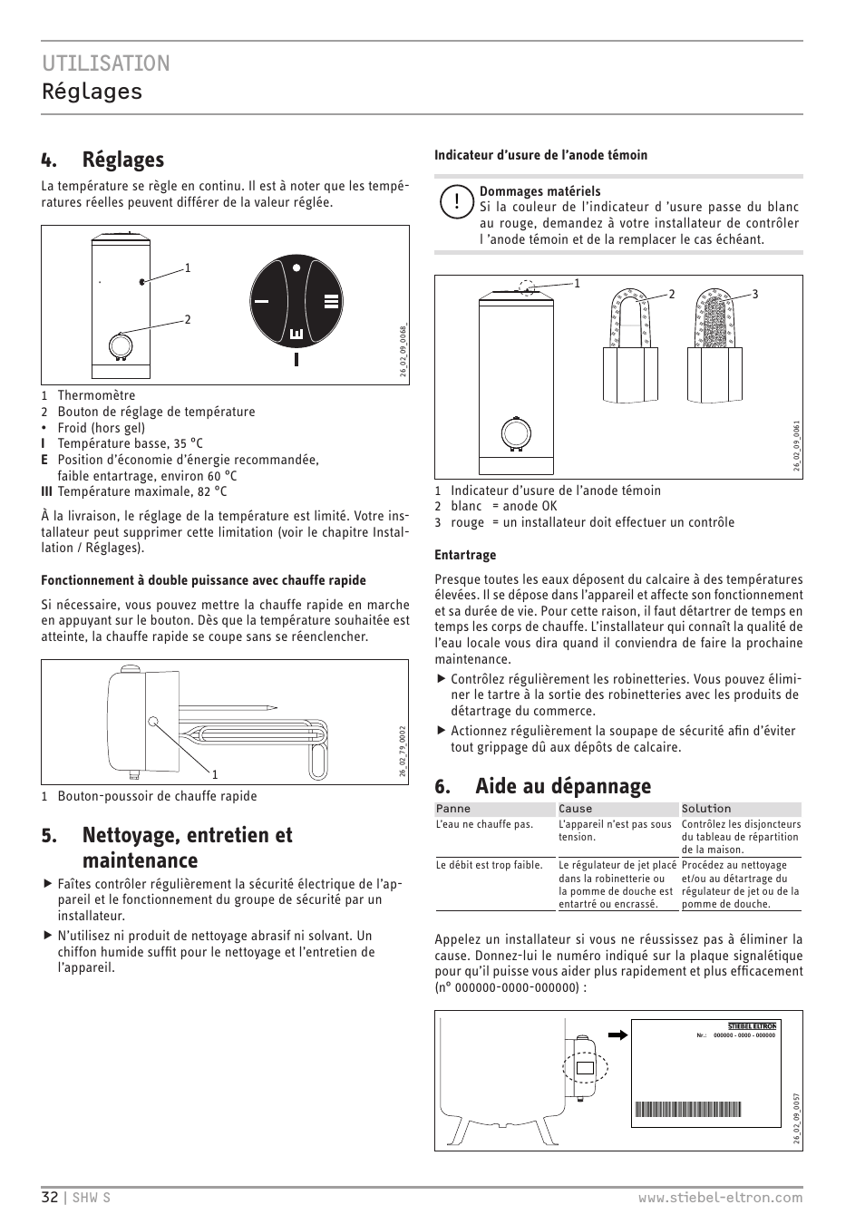 Utilisation réglages, Réglages, Nettoyage, entretien et maintenance | Aide au dépannage | STIEBEL ELTRON SHW ... S с 06.05.2013 User Manual | Page 32 / 84