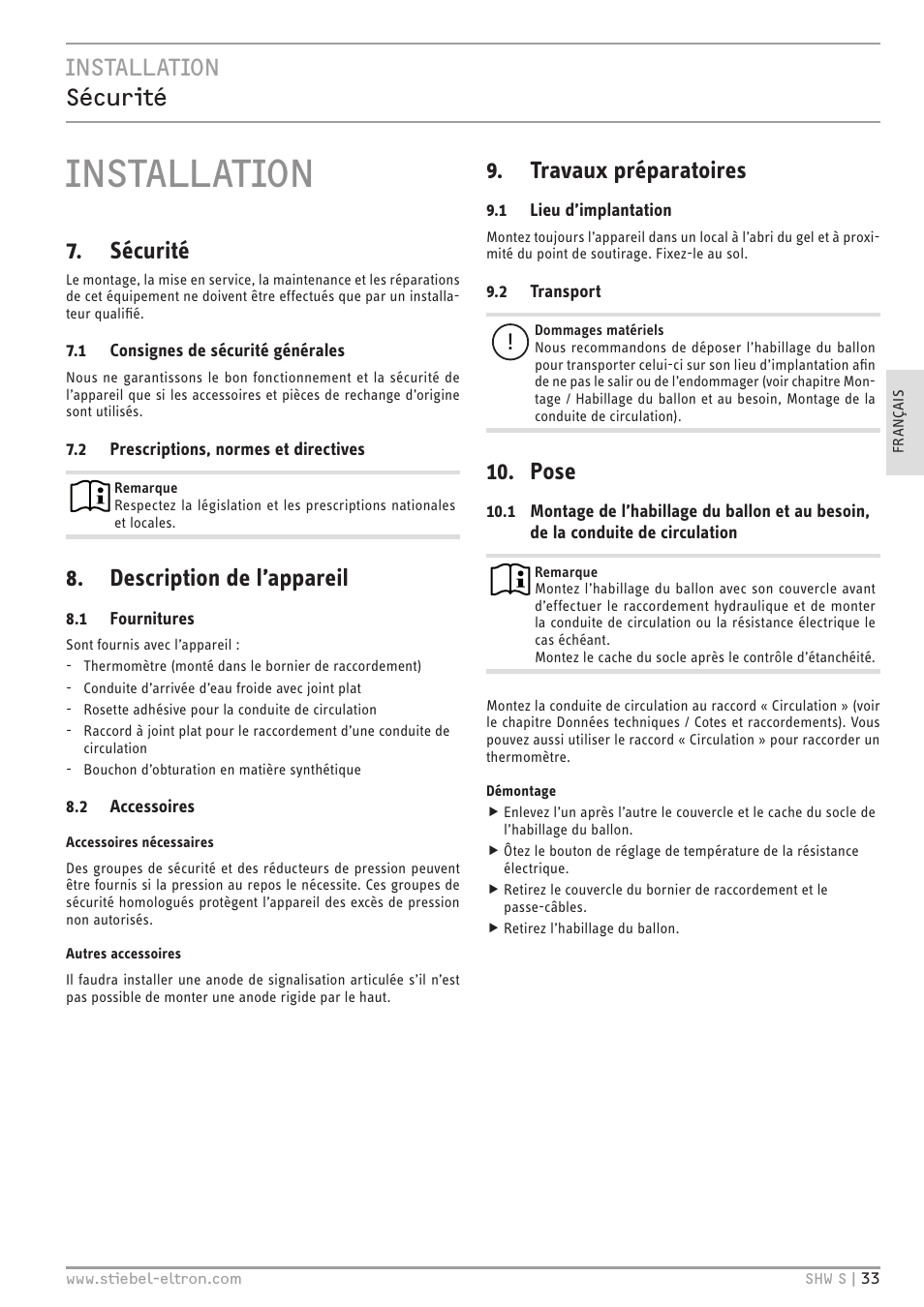 Installation, Installation sécurité, Sécurité | Description de l’appareil, Travaux préparatoires, Pose | STIEBEL ELTRON SHW ... S с 06.05.2013 User Manual | Page 33 / 84