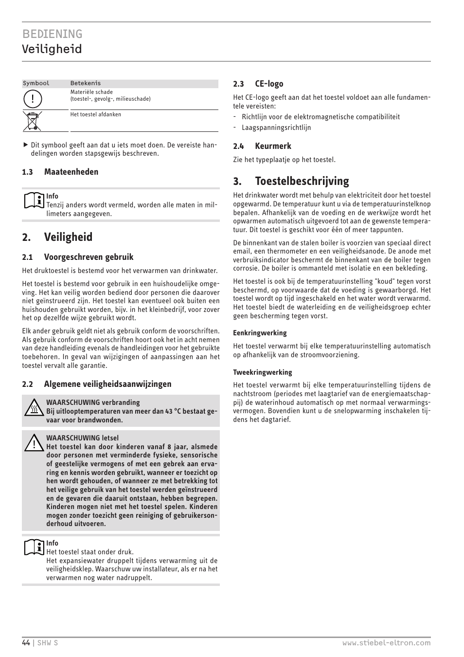 Bediening veiligheid, Veiligheid, Toestelbeschrijving | STIEBEL ELTRON SHW ... S с 06.05.2013 User Manual | Page 44 / 84