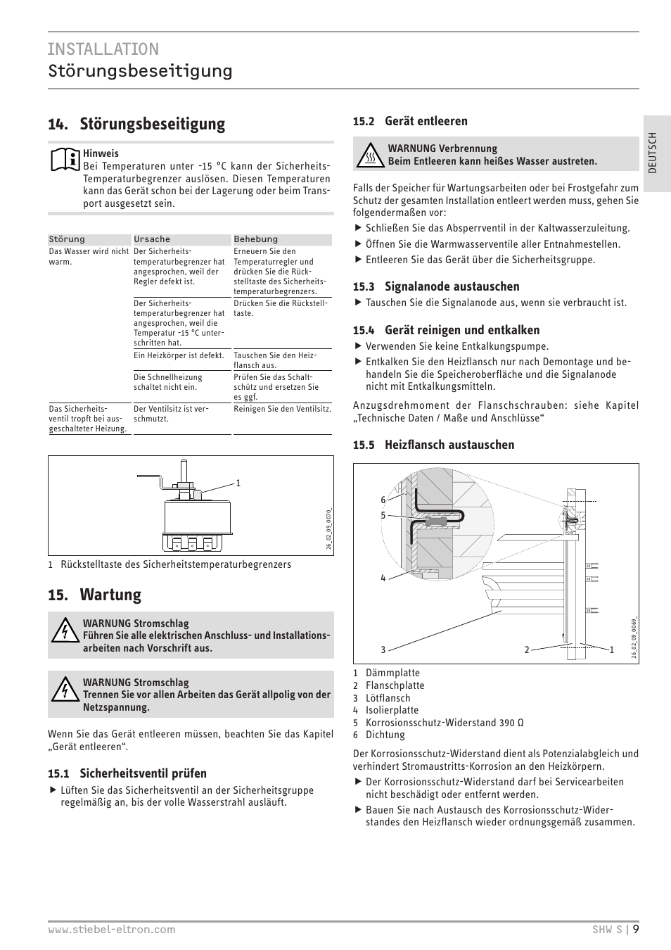 Wartung, 1 sicherheitsventil prüfen, 2 gerät entleeren | 3 signalanode austauschen, 4 gerät reinigen und entkalken, 5 heizflansch austauschen | STIEBEL ELTRON SHW ... S с 06.05.2013 User Manual | Page 9 / 84