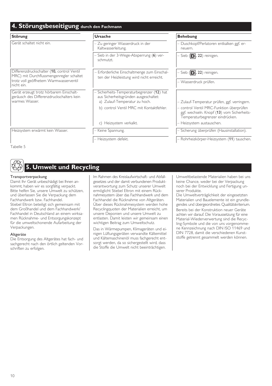 Störungsbeseitigung, Umwelt und recycling | STIEBEL ELTRON DHF .. C 01.02.2004 - 30.09.2006 User Manual | Page 10 / 52