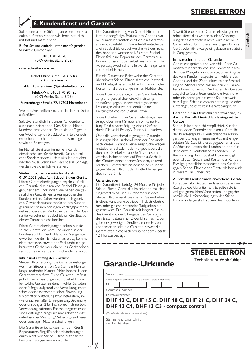 Garantie-urkunde, Kundendienst und garantie | STIEBEL ELTRON DHF .. C 01.02.2004 - 30.09.2006 User Manual | Page 11 / 52
