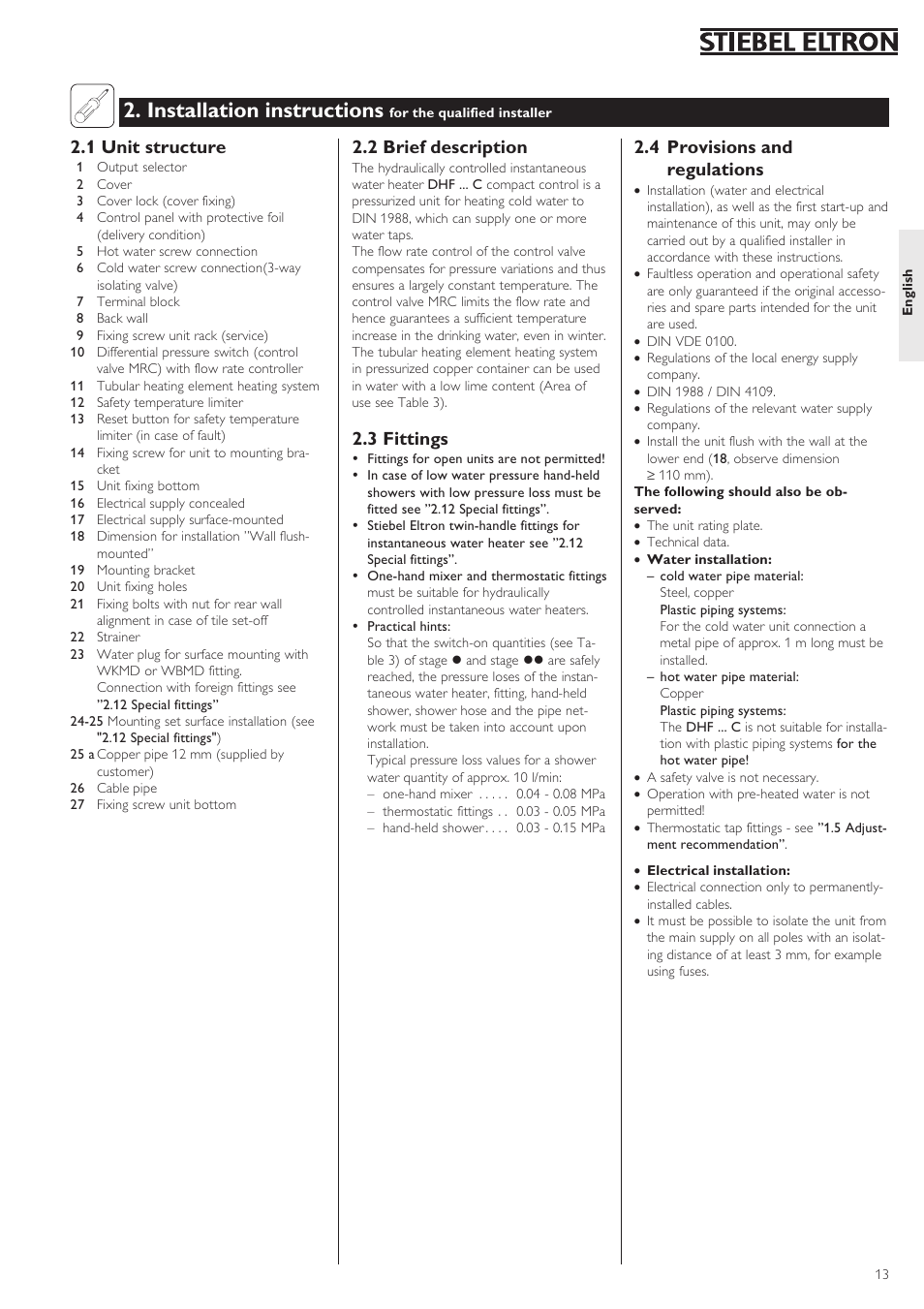 Installation instructions, 4 provisions and regulations, 2 brief description | 3 fittings, 1 unit structure | STIEBEL ELTRON DHF .. C 01.02.2004 - 30.09.2006 User Manual | Page 13 / 52