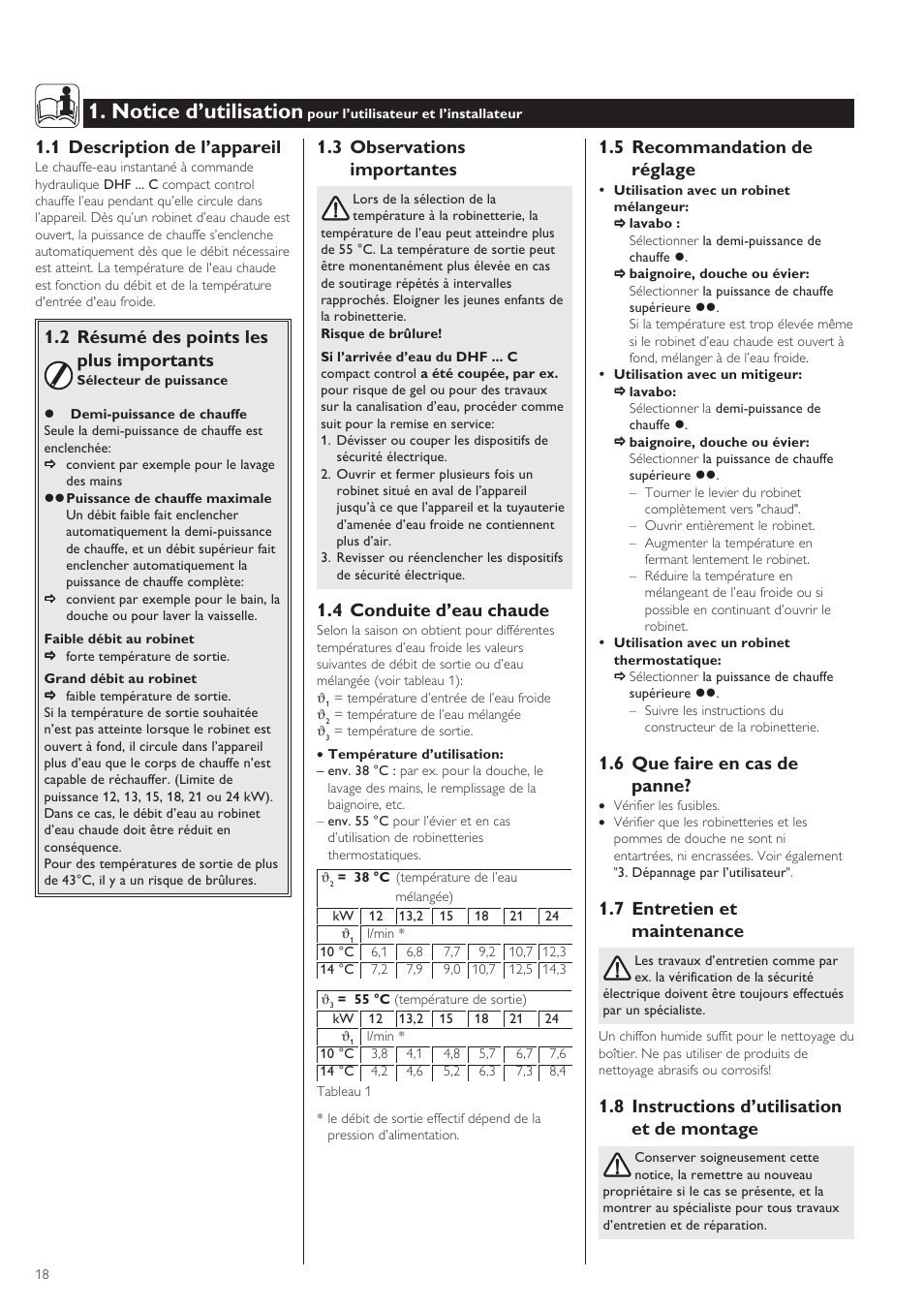Notice d’utilisation, 5 recommandation de réglage, 6 que faire en cas de panne | 7 entretien et maintenance, 8 instructions d’utilisation et de montage, 3 observations importantes, 4 conduite d’eau chaude, 1 description de l’appareil, 2 résumé des points les plus importants | STIEBEL ELTRON DHF .. C 01.02.2004 - 30.09.2006 User Manual | Page 18 / 52