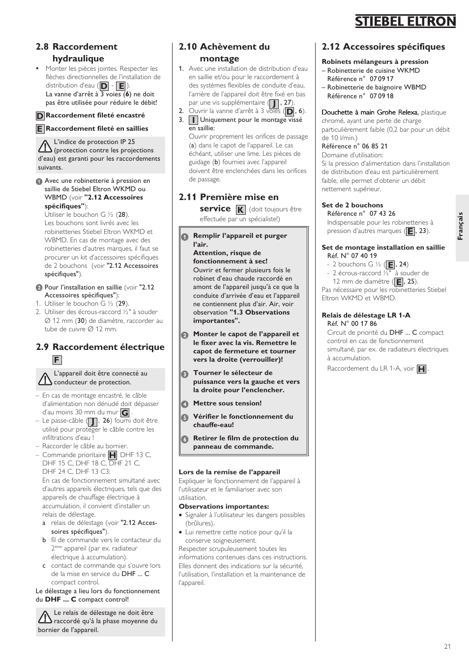12 accessoires spécifiques, 8 raccordement hydraulique, 9 raccordement électrique | 10 achèvement du montage, 11 première mise en service | STIEBEL ELTRON DHF .. C 01.02.2004 - 30.09.2006 User Manual | Page 21 / 52