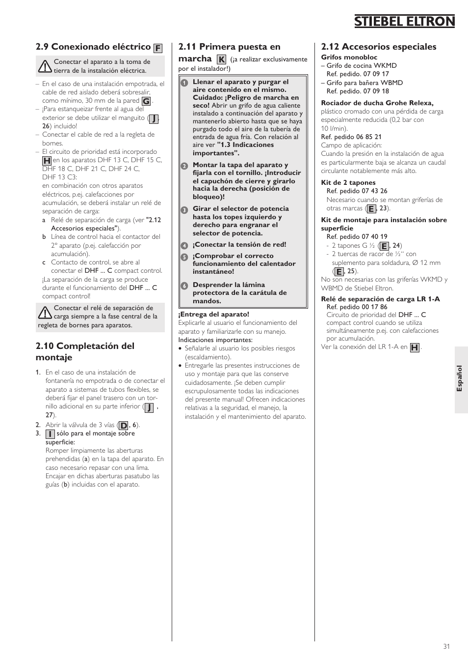 9 conexionado eléctrico, 10 completación del montaje, 11 primera puesta en marcha | 12 accesorios especiales | STIEBEL ELTRON DHF .. C 01.02.2004 - 30.09.2006 User Manual | Page 31 / 52