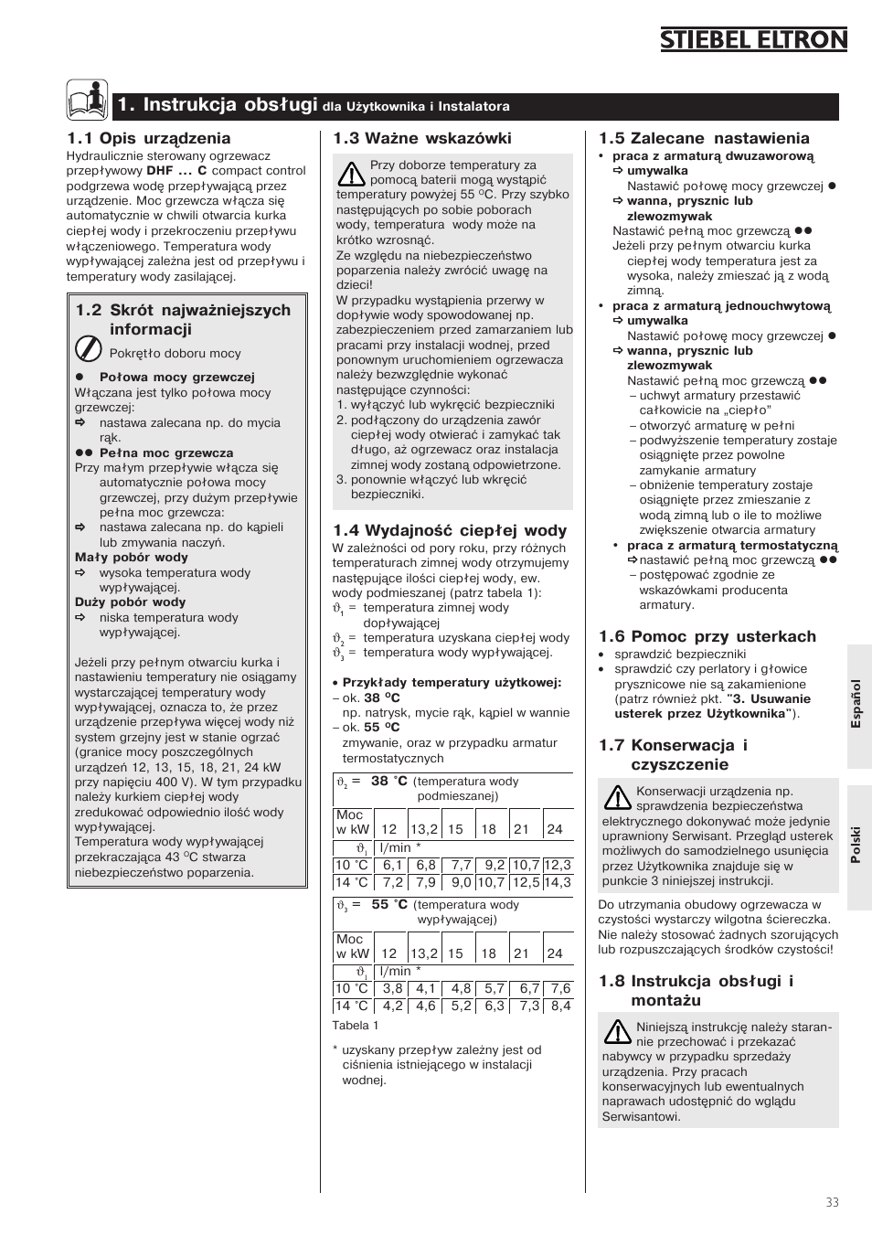 1instrukcja1obsługi, 5 zalecane1 nastawienia, 6 pomoc1przy1usterkach | 7 konserwacja1i czyszczenie, 8 instrukcja1obsługi1i montażu, 3 ważne1wskazówki, 4 wydajność1ciepłej1wody, 1 opis1urządzenia, 2 skrót1najważniejszych informacji | STIEBEL ELTRON DHF .. C 01.02.2004 - 30.09.2006 User Manual | Page 33 / 52