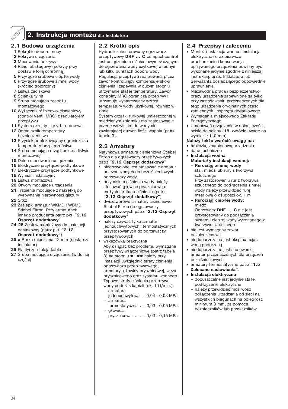 1instrukcja1montażu, 4 przepisy i zalecenia, 21krótki1opis | 31armatury, 1 budowa1urządzenia | STIEBEL ELTRON DHF .. C 01.02.2004 - 30.09.2006 User Manual | Page 34 / 52