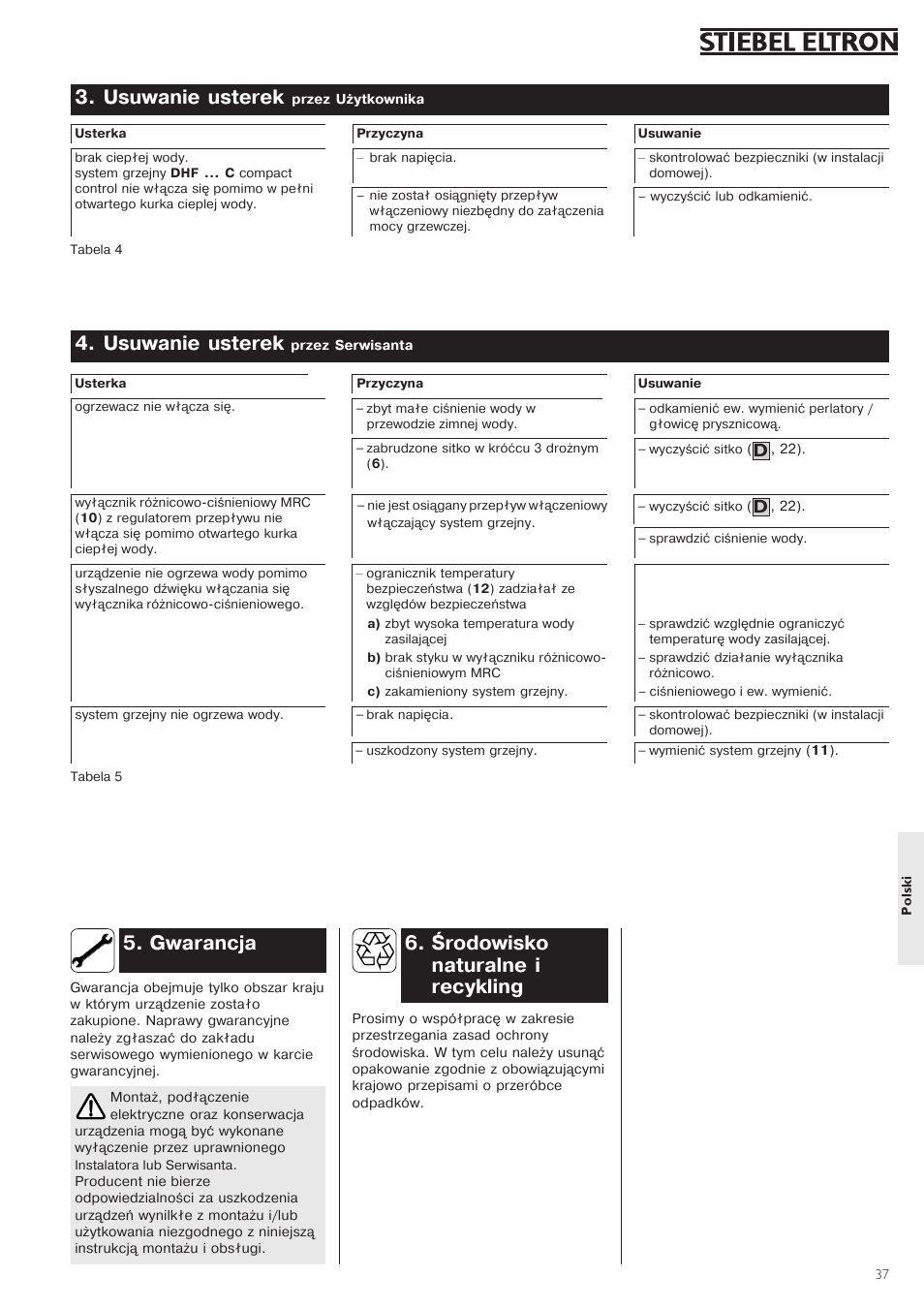 Środowisko naturalne1i recykling, Gwarancja 3.1usuwanie1usterek1, 1usuwanie1usterek | STIEBEL ELTRON DHF .. C 01.02.2004 - 30.09.2006 User Manual | Page 37 / 52