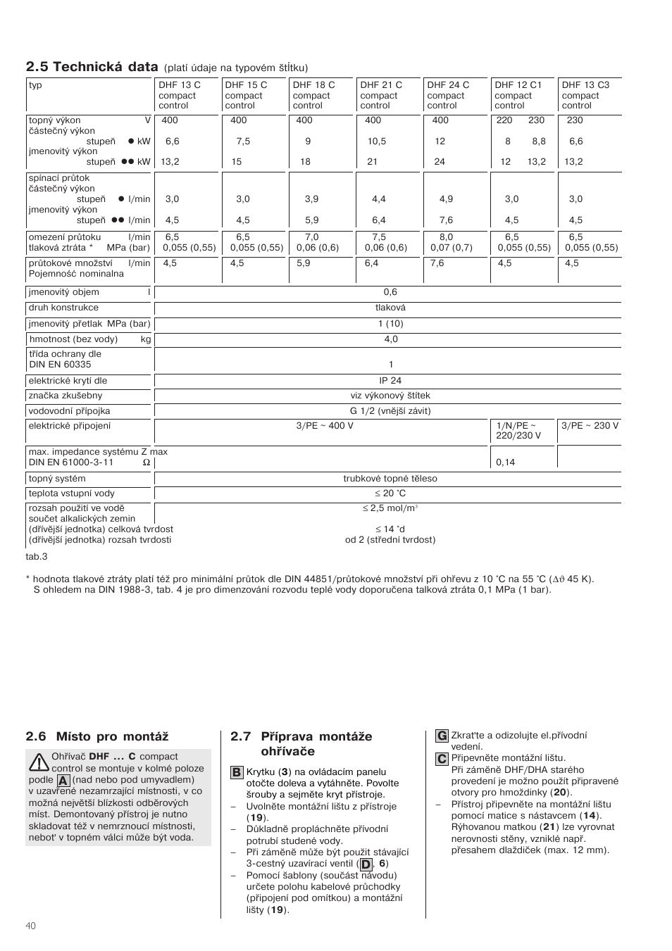 5 technická1data1, 6 místo1pro1montáž, 7 příprava1montáže ohřívače | STIEBEL ELTRON DHF .. C 01.02.2004 - 30.09.2006 User Manual | Page 40 / 52