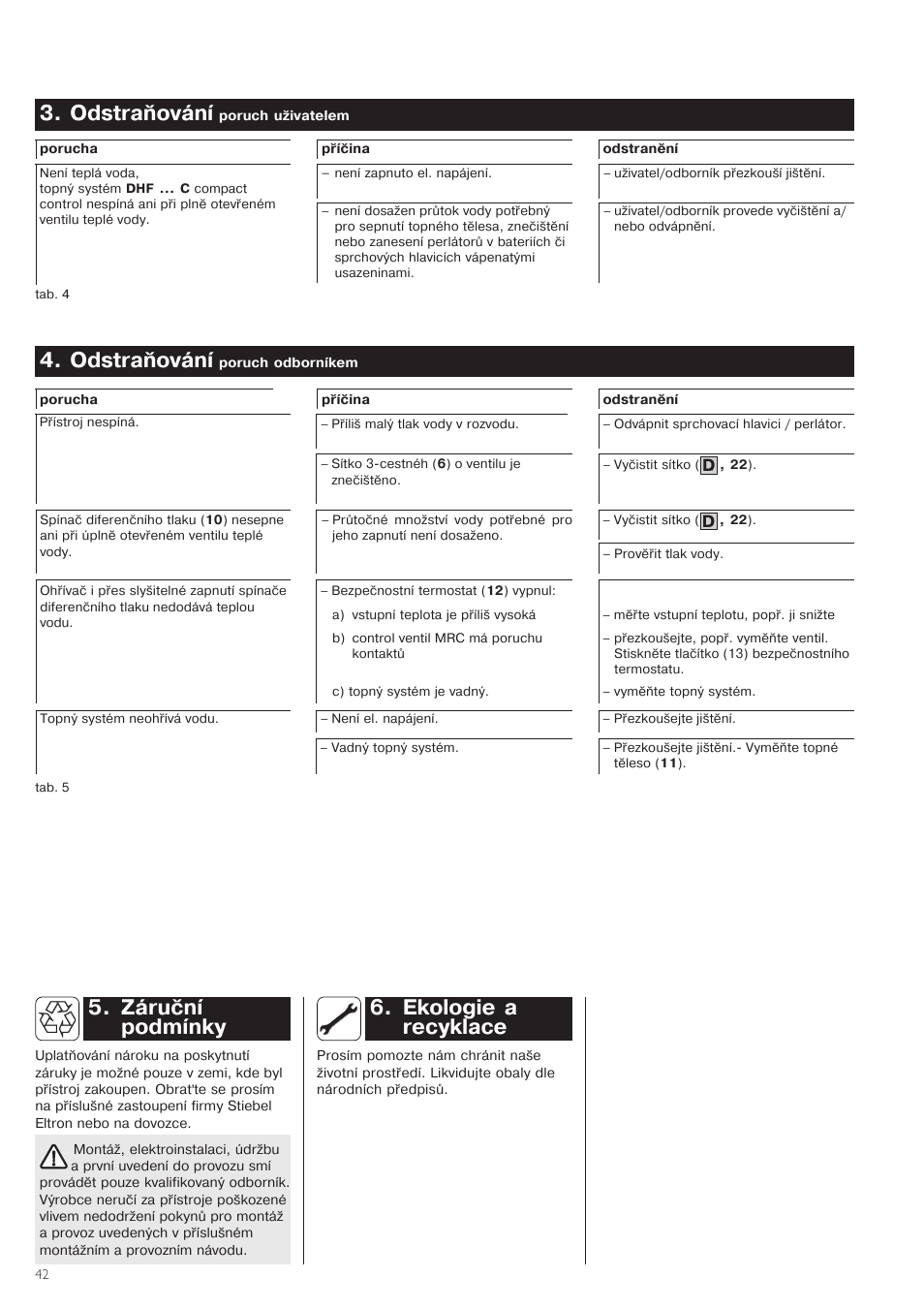 1odstraňování, Ekologie1a recyklace, Záruční podmínky | STIEBEL ELTRON DHF .. C 01.02.2004 - 30.09.2006 User Manual | Page 42 / 52