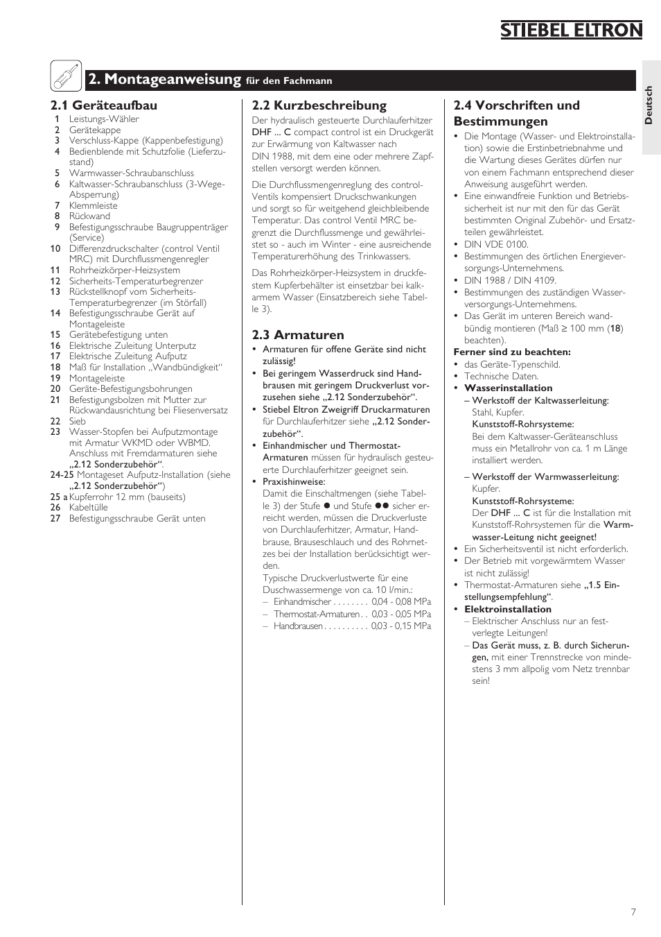 Montageanweisung, 4 vorschriften und bestimmungen, 2 kurzbeschreibung | 3 armaturen, 1 geräteaufbau | STIEBEL ELTRON DHF .. C 01.02.2004 - 30.09.2006 User Manual | Page 7 / 52