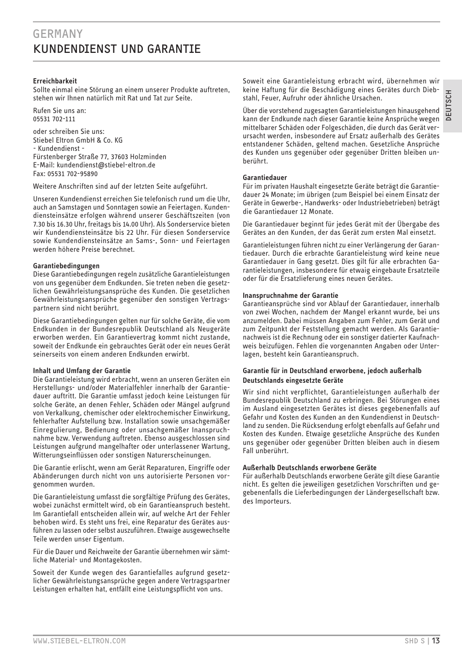 Germany kundendienst und garantie, Kundendienst und garantie | STIEBEL ELTRON SHD ... S с 13.04.2009 User Manual | Page 13 / 60