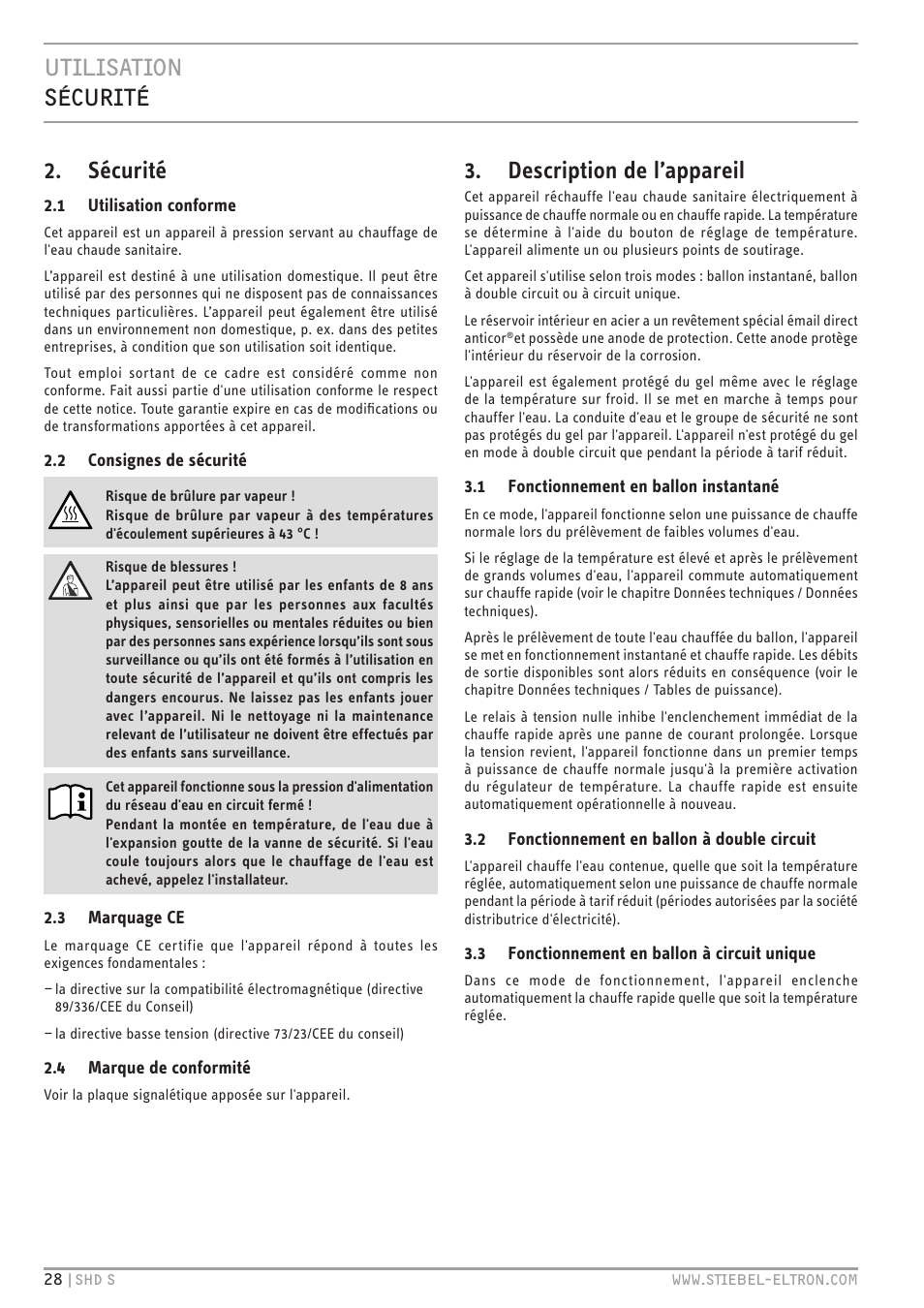 Utilisation sécurité, Sécurité, Description de l’appareil | STIEBEL ELTRON SHD ... S с 13.04.2009 User Manual | Page 28 / 60