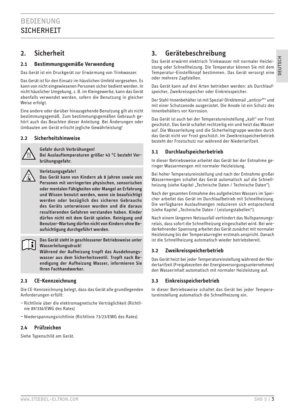 Bedienung sicherheit, Sicherheit, Gerätebeschreibung | STIEBEL ELTRON SHD ... S с 13.04.2009 User Manual | Page 3 / 60