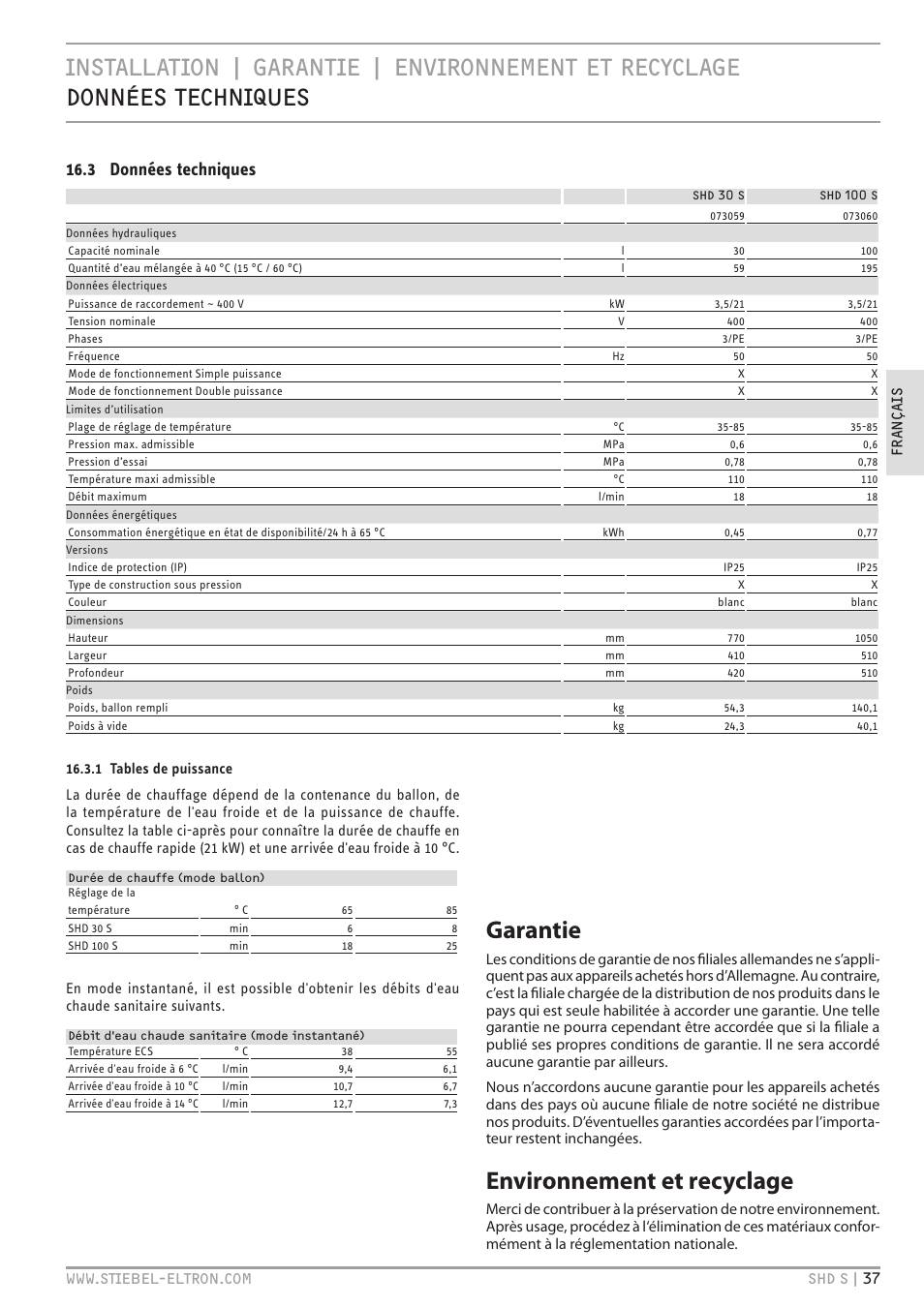 Garantie environnement et recyclage garantie, Environnement et recyclage, 3 données techniques | STIEBEL ELTRON SHD ... S с 13.04.2009 User Manual | Page 37 / 60