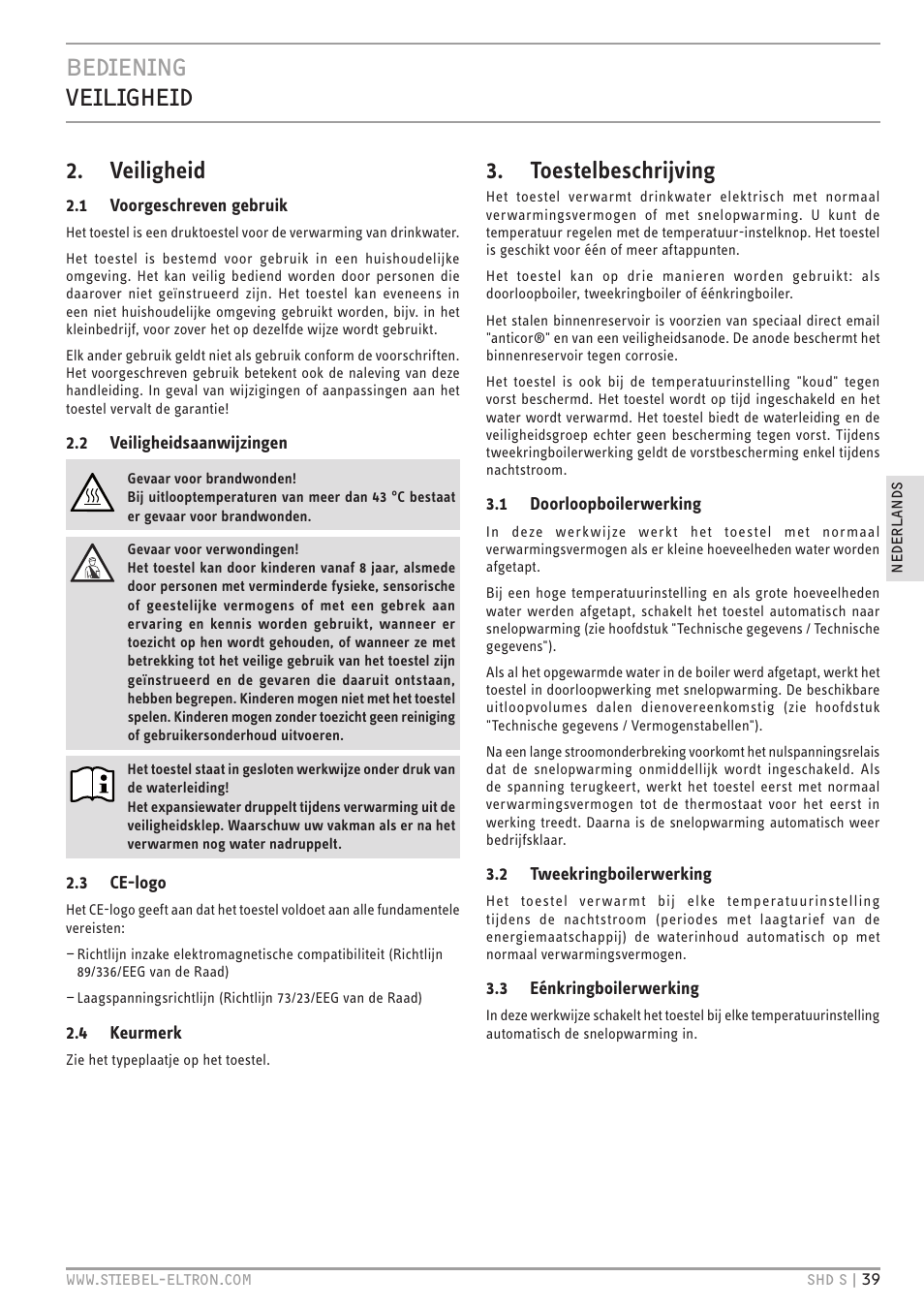 Bediening veiligheid, Veiligheid, Toestelbeschrijving | STIEBEL ELTRON SHD ... S с 13.04.2009 User Manual | Page 39 / 60