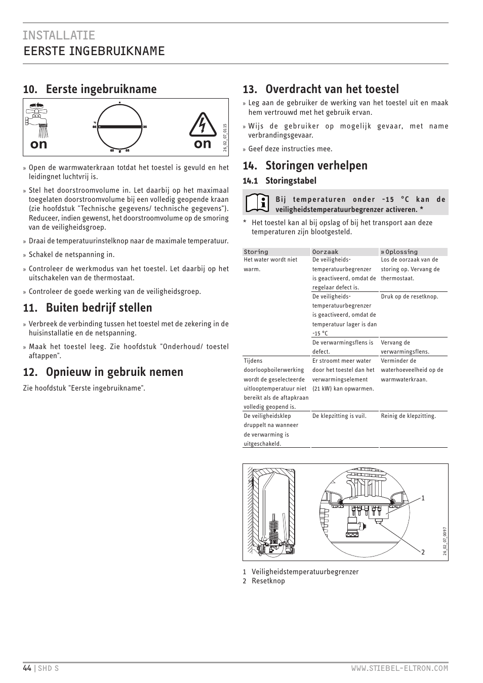Buiten bedrijf stellen, Opnieuw in gebruik nemen, Overdracht van het toestel | Storingen verhelpen, 1 storingstabel | STIEBEL ELTRON SHD ... S с 13.04.2009 User Manual | Page 44 / 60