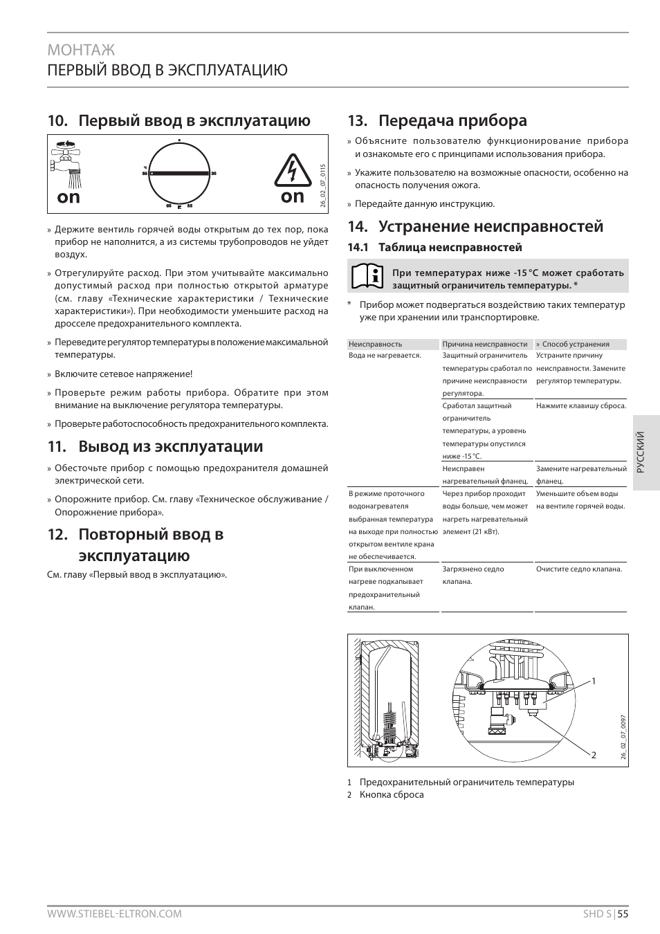 Рвый ввод в эксплуатацию, Вод из эксплуатации, Вторный ввод в эксплуатацию | Редача прибора, Транение неисправностей, Монтаж первый ввод в эксплуатацию 10. пе | STIEBEL ELTRON SHD ... S с 13.04.2009 User Manual | Page 55 / 60