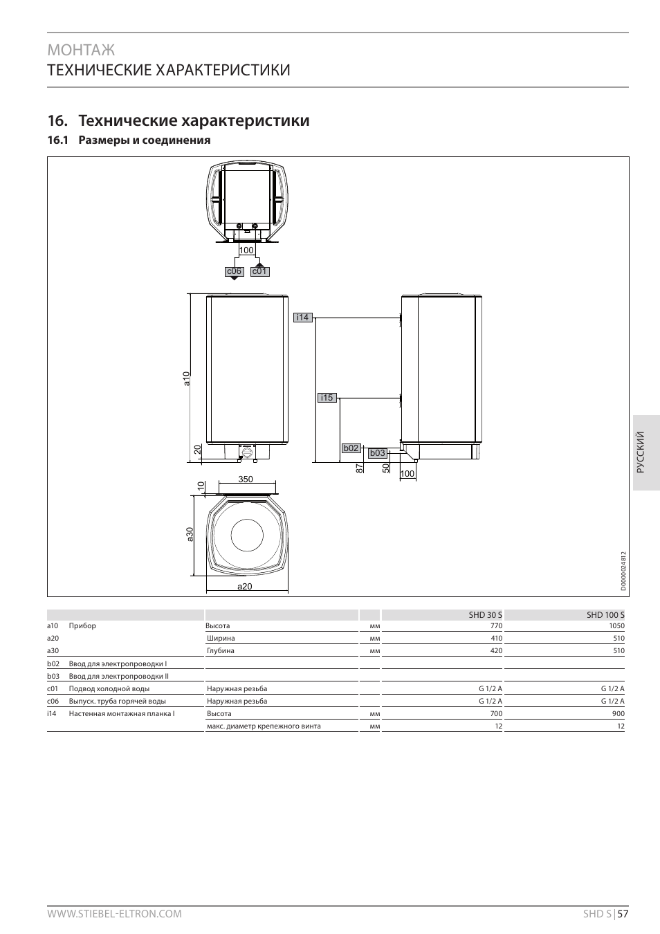 Хнические характеристики, Монтаж технические характеристики 16. те, 1 размеры и соединения | STIEBEL ELTRON SHD ... S с 13.04.2009 User Manual | Page 57 / 60