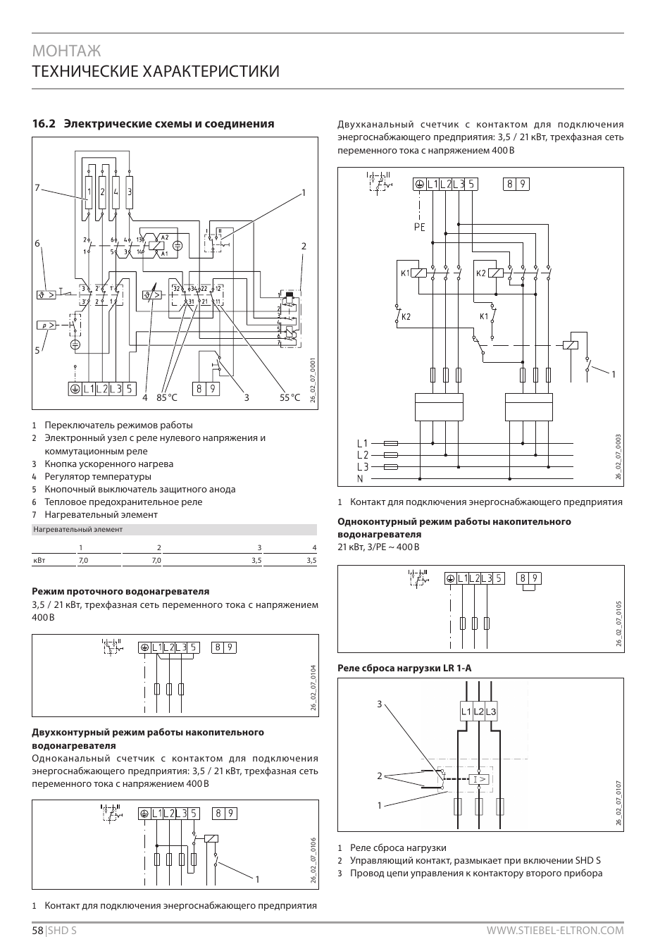 Монтаж технические характеристики, 2 электрические схемы и соединения | STIEBEL ELTRON SHD ... S с 13.04.2009 User Manual | Page 58 / 60