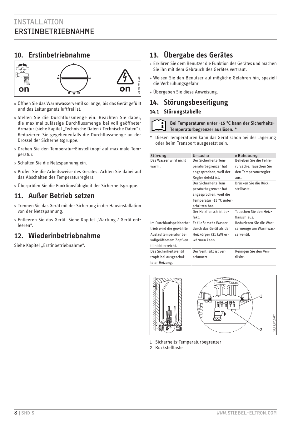 Außer betrieb setzen, Wiederinbetriebnahme, Übergabe des gerätes | Störungsbeseitigung, 1 störungstabelle | STIEBEL ELTRON SHD ... S с 13.04.2009 User Manual | Page 8 / 60