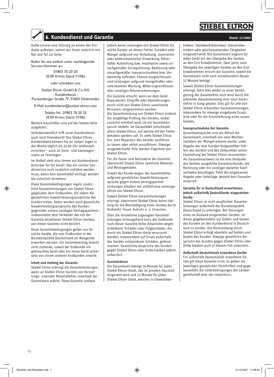 Kundendienst und garantie | STIEBEL ELTRON SHW ... S 01.11.2007 - 05.05.2013 User Manual | Page 10 / 32