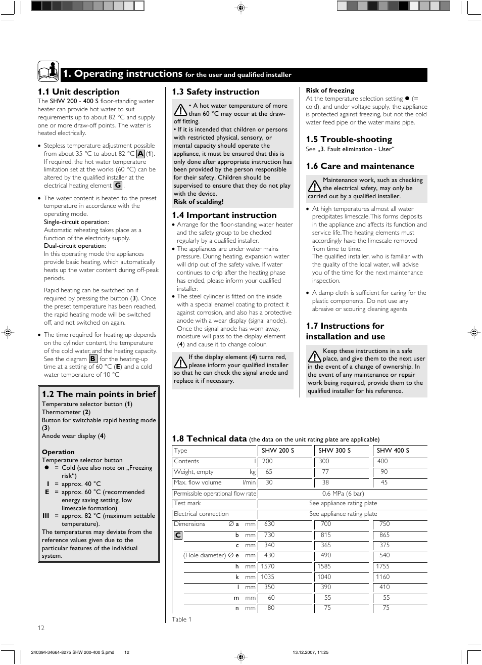 Operating instructions, 1 unit description, 2 the main points in brief | 3 safety instruction, 4 important instruction, 5 trouble-shooting, 6 care and maintenance, 7 instructions for installation and use, 8 technical data | STIEBEL ELTRON SHW ... S 01.11.2007 - 05.05.2013 User Manual | Page 12 / 32