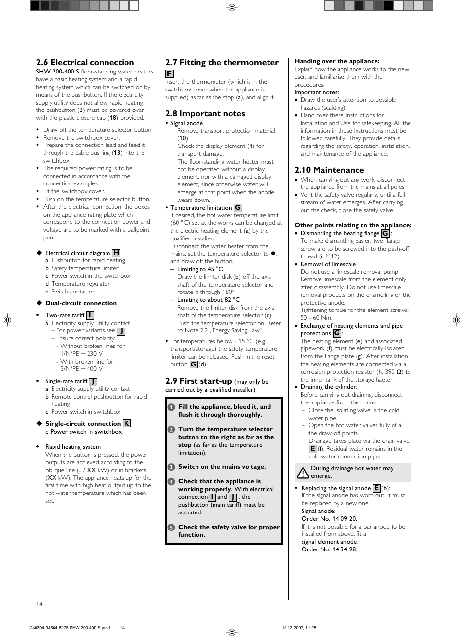 6 electrical connection, 10 maintenance, 7 fitting the thermometer f | 9 first start-up | STIEBEL ELTRON SHW ... S 01.11.2007 - 05.05.2013 User Manual | Page 14 / 32