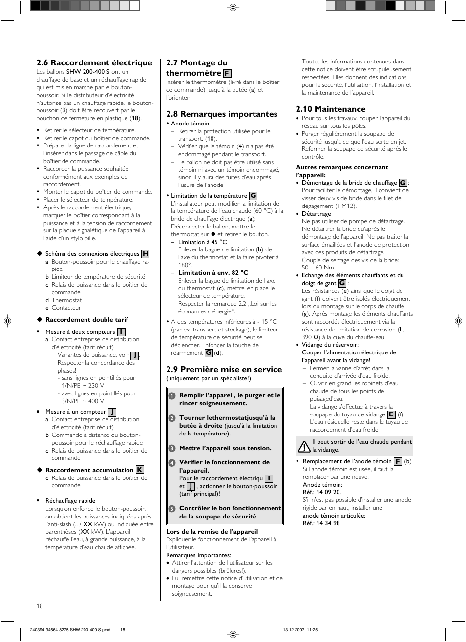 7 montage du thermomètre, 8 remarques importantes, 9 première mise en service | 6 raccordement électrique, 10 maintenance | STIEBEL ELTRON SHW ... S 01.11.2007 - 05.05.2013 User Manual | Page 18 / 32