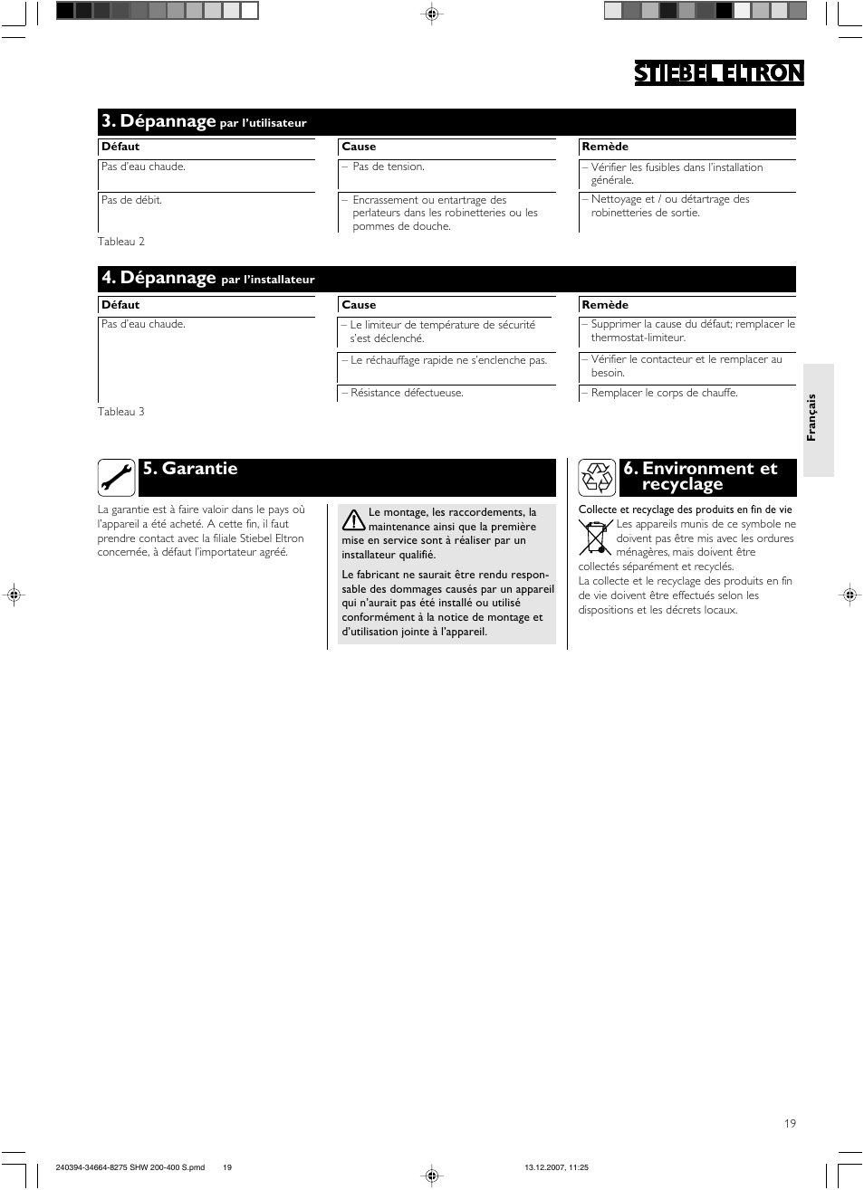Dépannage, Garantie, Environment et recyclage | STIEBEL ELTRON SHW ... S 01.11.2007 - 05.05.2013 User Manual | Page 19 / 32
