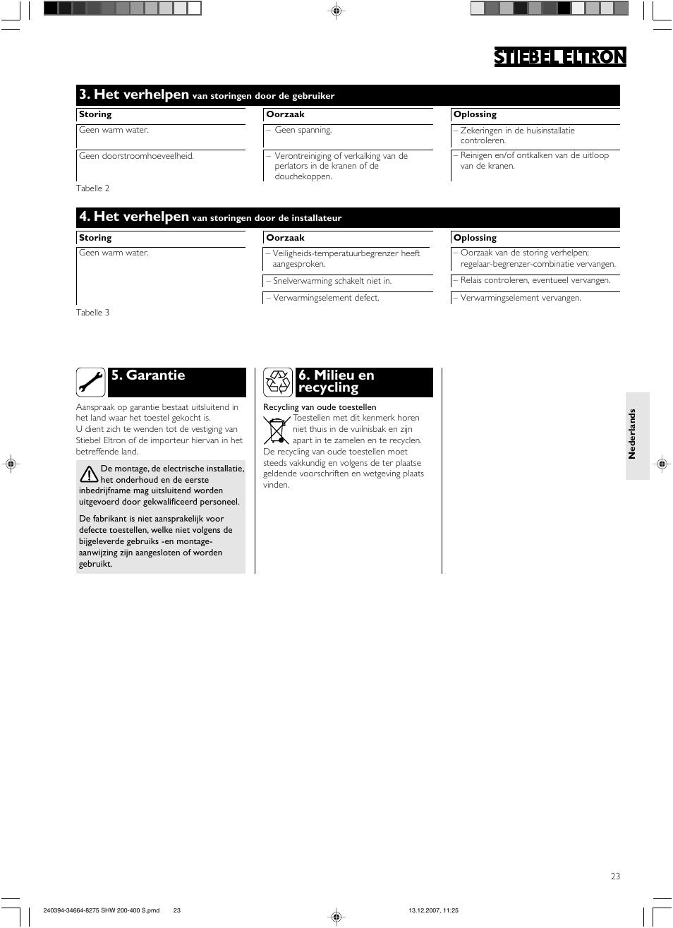 Het verhelpen, Garantie, Milieu en recycling | STIEBEL ELTRON SHW ... S 01.11.2007 - 05.05.2013 User Manual | Page 23 / 32