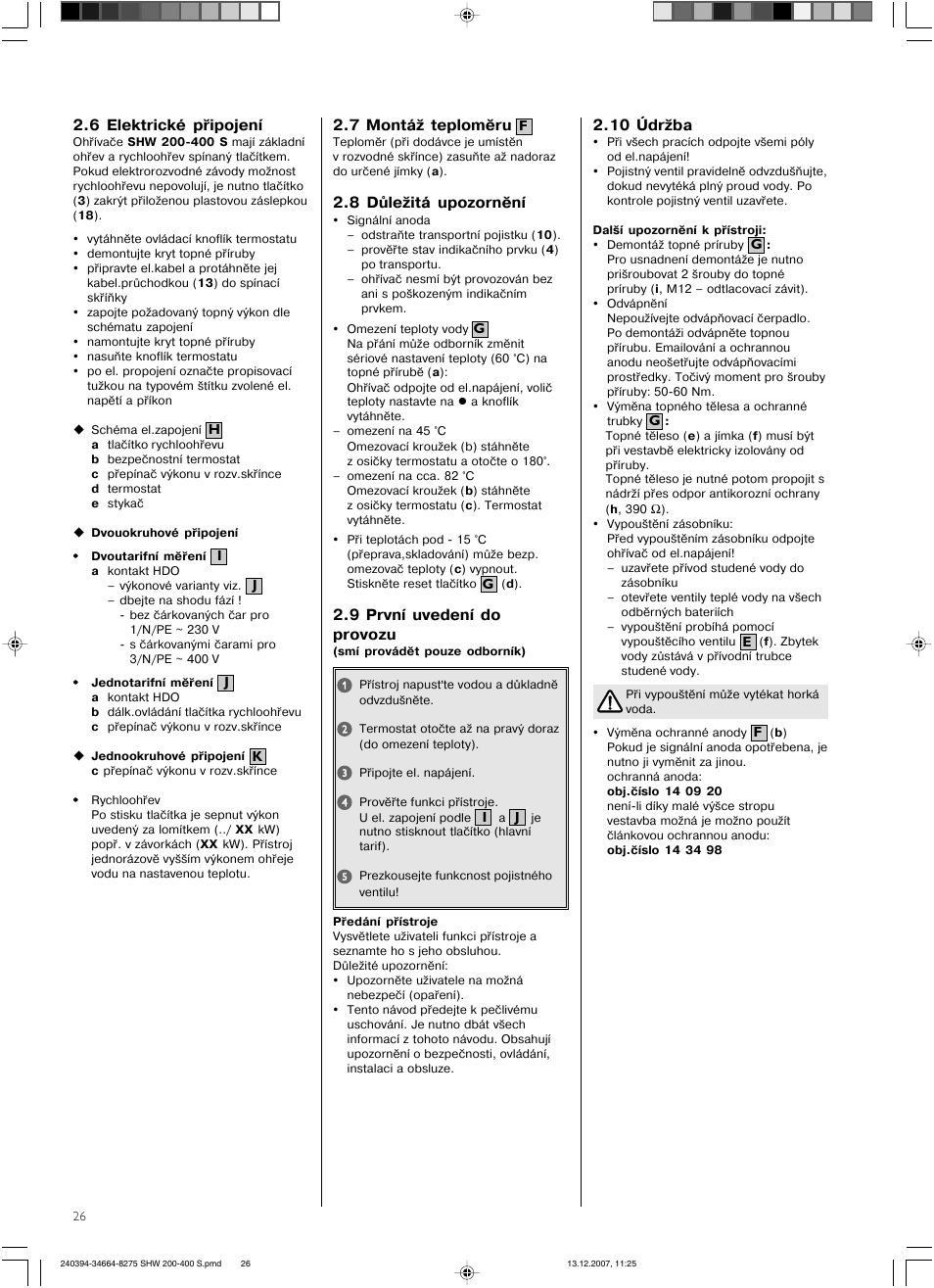 6 elektrické připojení, 10 údržba, 7 montáž teploměru | 8 důležitá upozornění, 9 první uvedení do provozu | STIEBEL ELTRON SHW ... S 01.11.2007 - 05.05.2013 User Manual | Page 26 / 32