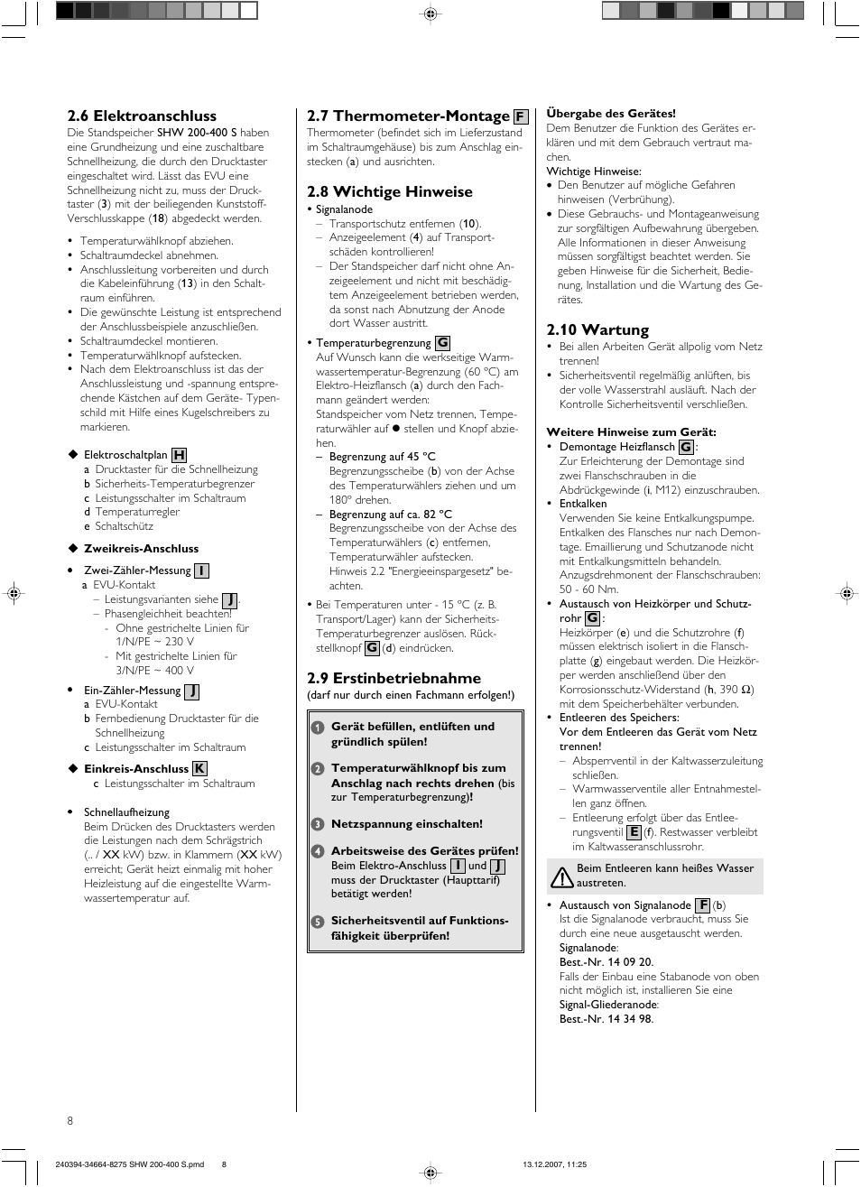 7 thermometer-montage, 8 wichtige hinweise, 9 erstinbetriebnahme | 6 elektroanschluss, 10 wartung | STIEBEL ELTRON SHW ... S 01.11.2007 - 05.05.2013 User Manual | Page 8 / 32