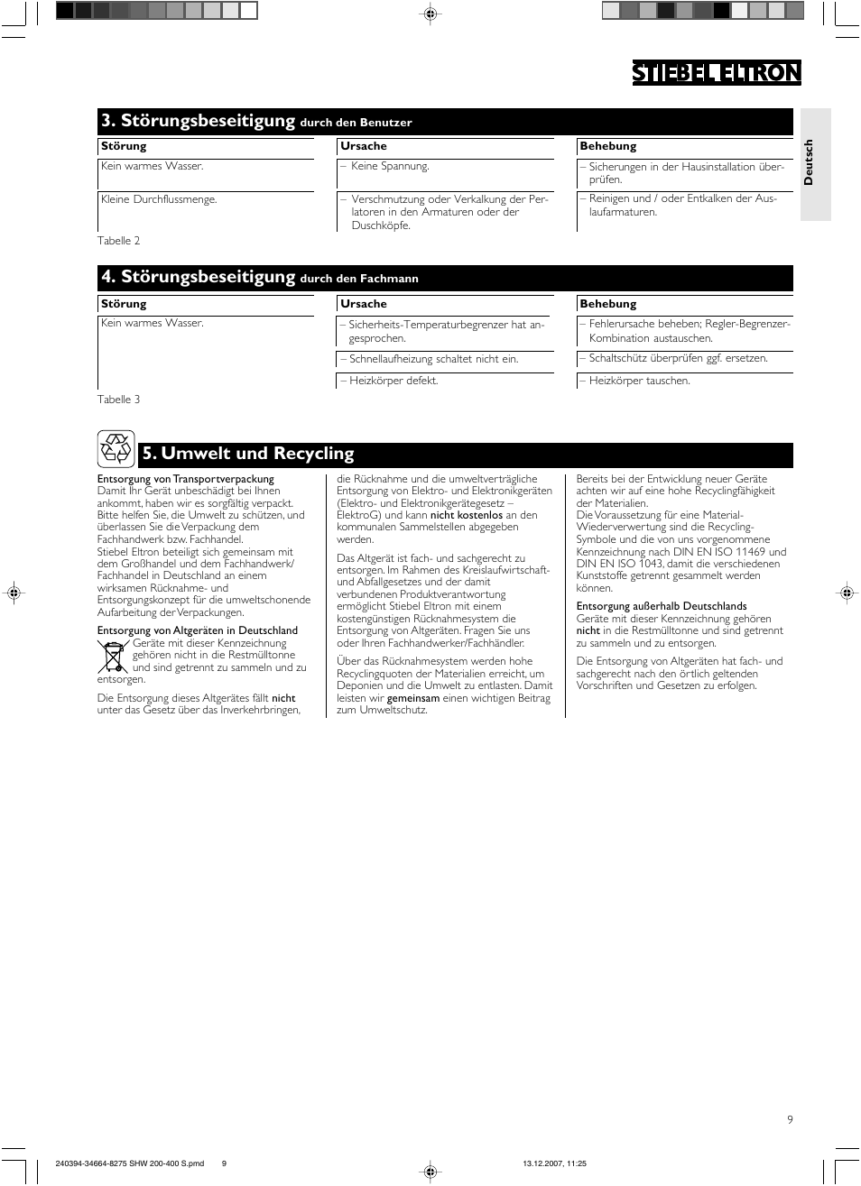 Störungsbeseitigung, Umwelt und recycling | STIEBEL ELTRON SHW ... S 01.11.2007 - 05.05.2013 User Manual | Page 9 / 32