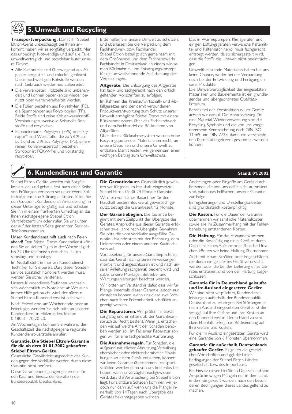 Kundendienst und garantie, Umwelt und recycling | STIEBEL ELTRON DHF .. C 22.04.2002 - 31.01.2004 User Manual | Page 10 / 52