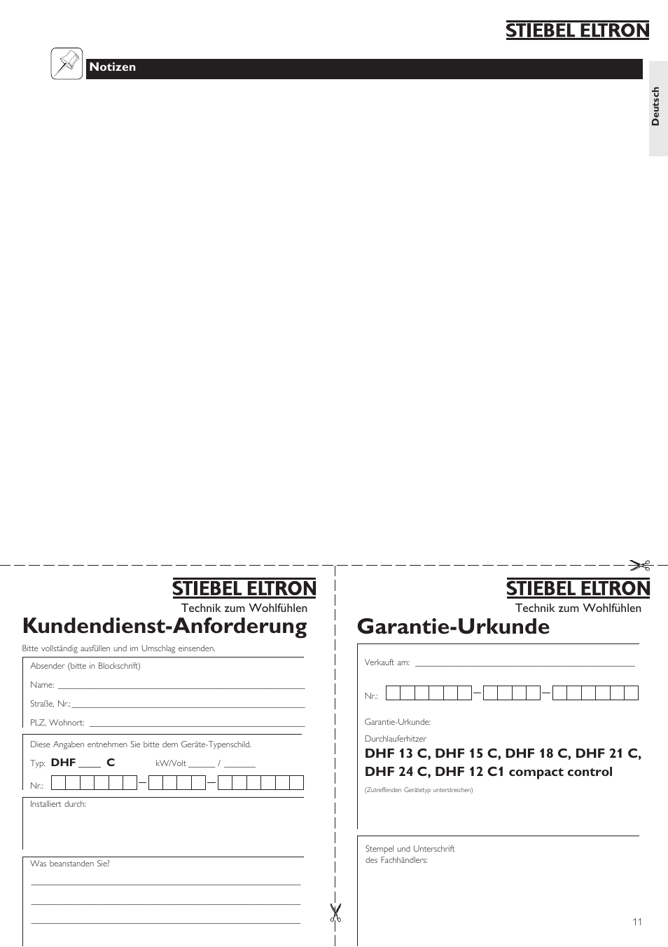 Garantie-urkunde, Kundendienst-anforderung | STIEBEL ELTRON DHF .. C 22.04.2002 - 31.01.2004 User Manual | Page 11 / 52