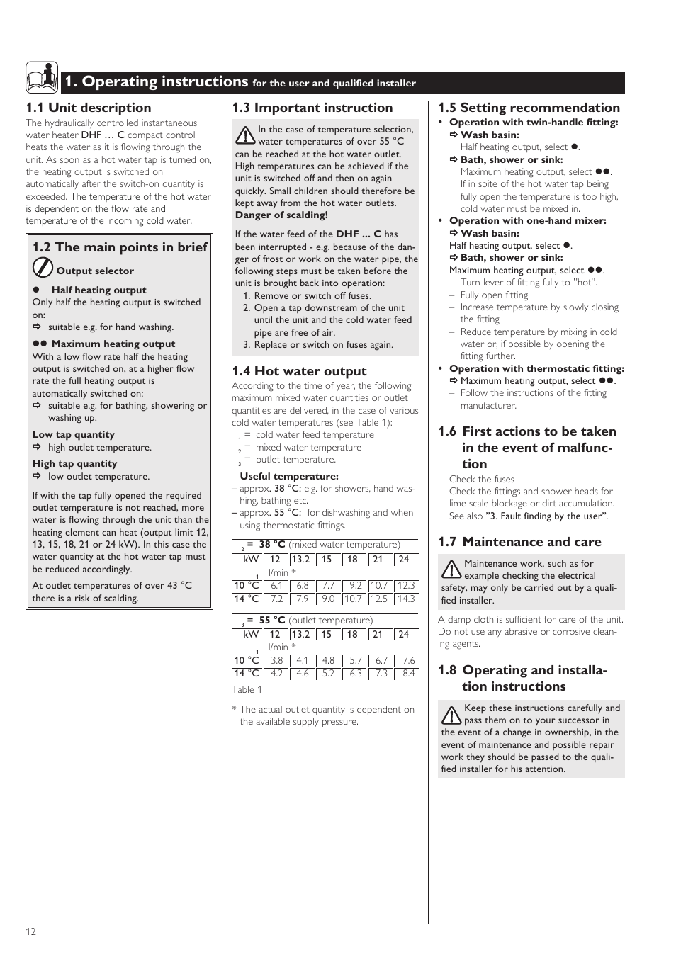 Operating instructions, 5 setting recommendation, 7 maintenance and care | 8 operating and installa- tion instructions, 3 important instruction, 4 hot water output, 1 unit description, 2 the main points in brief | STIEBEL ELTRON DHF .. C 22.04.2002 - 31.01.2004 User Manual | Page 12 / 52