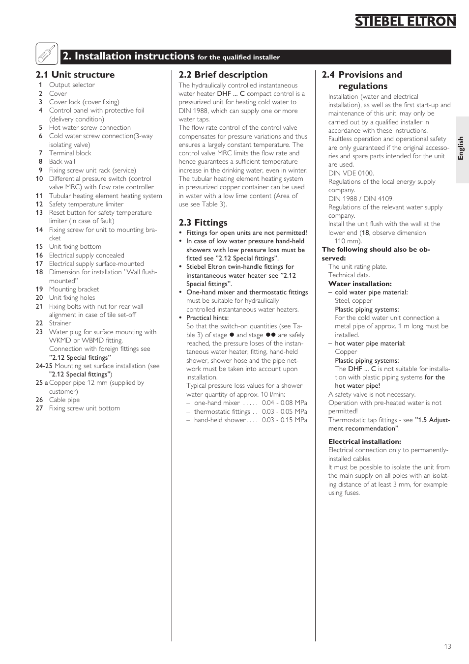 Installation instructions, 4 provisions and regulations, 2 brief description | 3 fittings, 1 unit structure | STIEBEL ELTRON DHF .. C 22.04.2002 - 31.01.2004 User Manual | Page 13 / 52