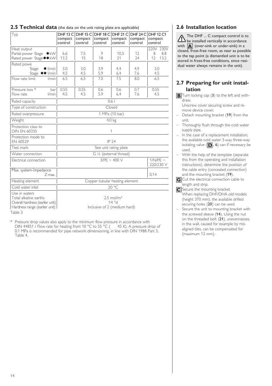 6 installation location, 7 preparing for unit instal- lation, 5 technical data | STIEBEL ELTRON DHF .. C 22.04.2002 - 31.01.2004 User Manual | Page 14 / 52